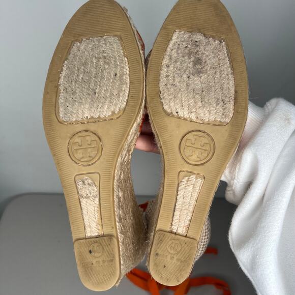 Tory Burch Orange Geometric Lace Up Espadrille Wedge Size 9 - Picture 9 of 11